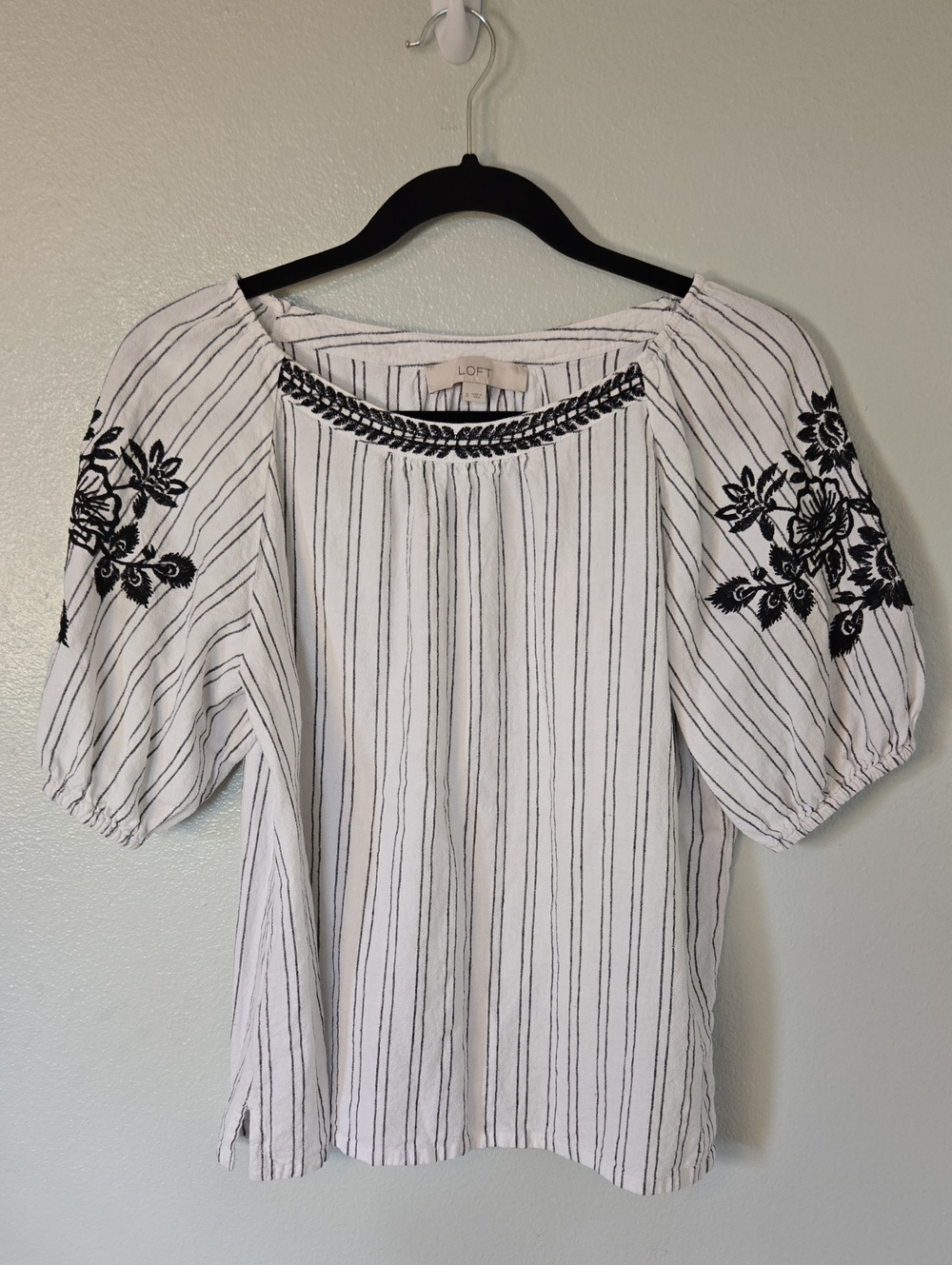 Loft | Striped Floral Embroidered Linen Blend Blouse Size Small